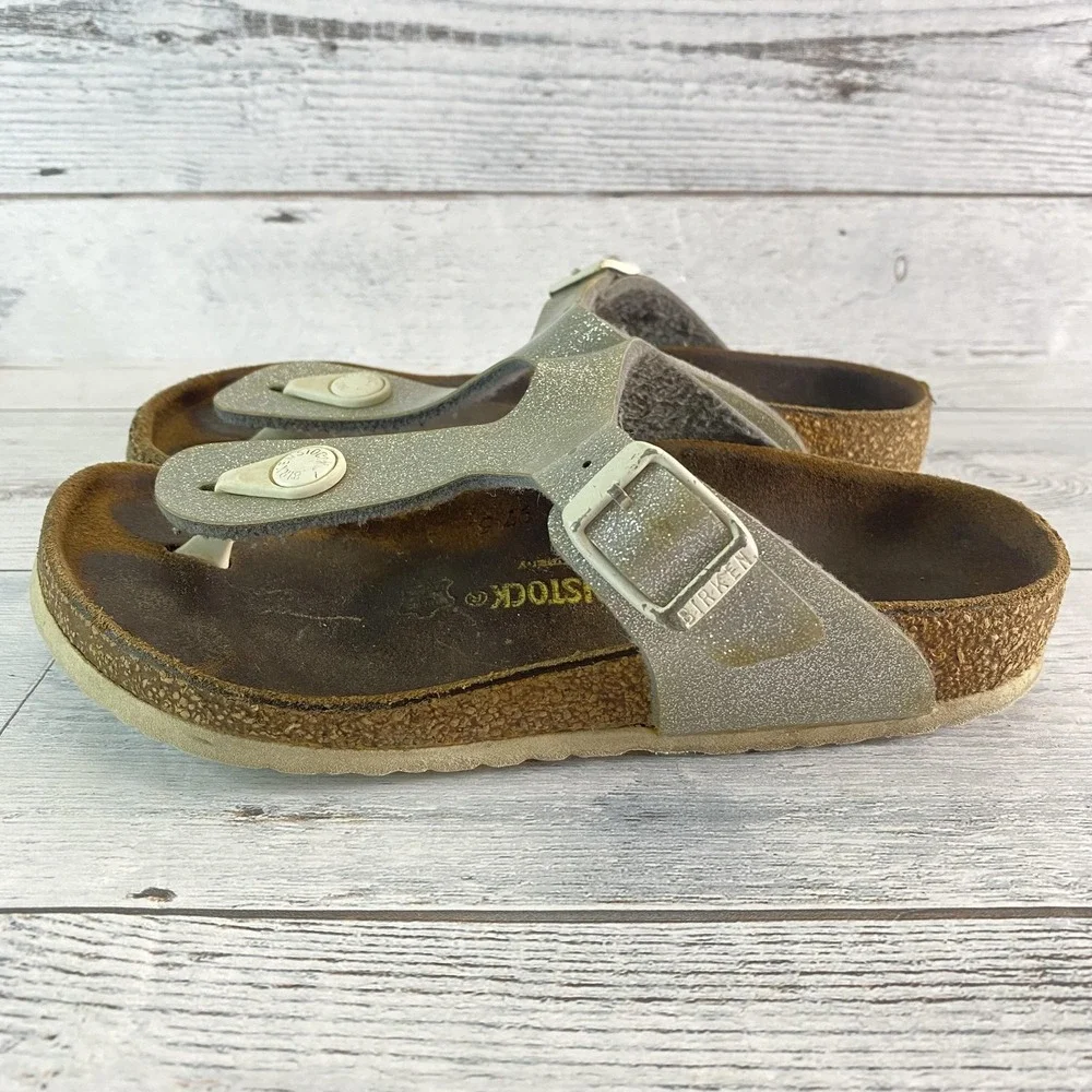 Birkenstock Sandals Girls 13 Silver Gizeh Glitter Thong Flip Flop Buckle Strappy